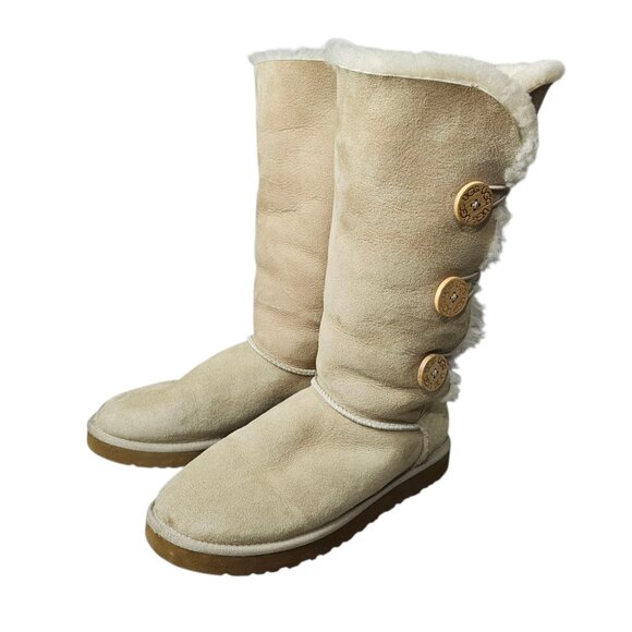 UGG Bailey Button Triplet II Tall Sheepskin Shearling Suede Wool Sand Boots - Picture 2 of 16